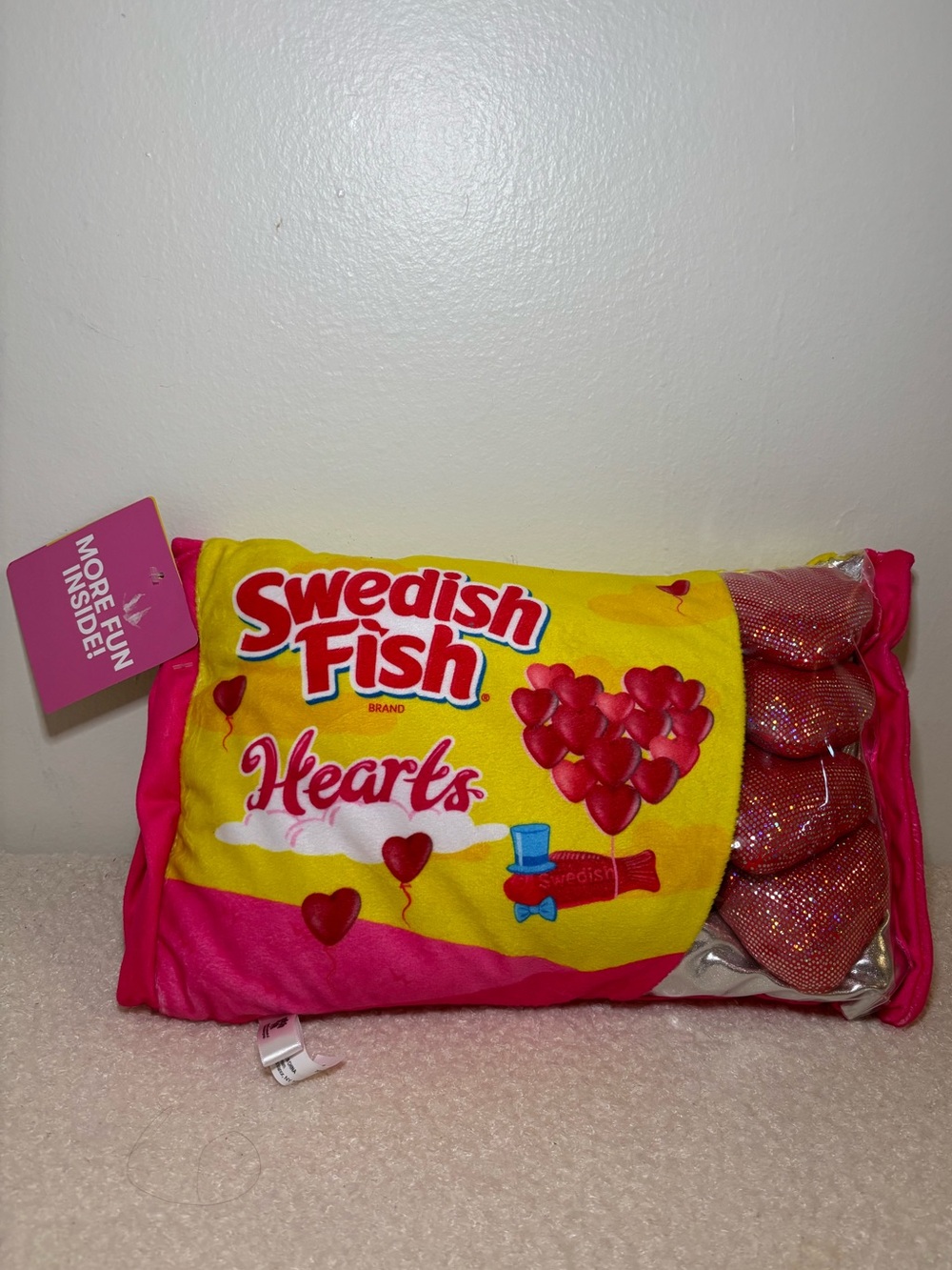 Swedish Fish Hearts Candy Pillow Pink and Yellow